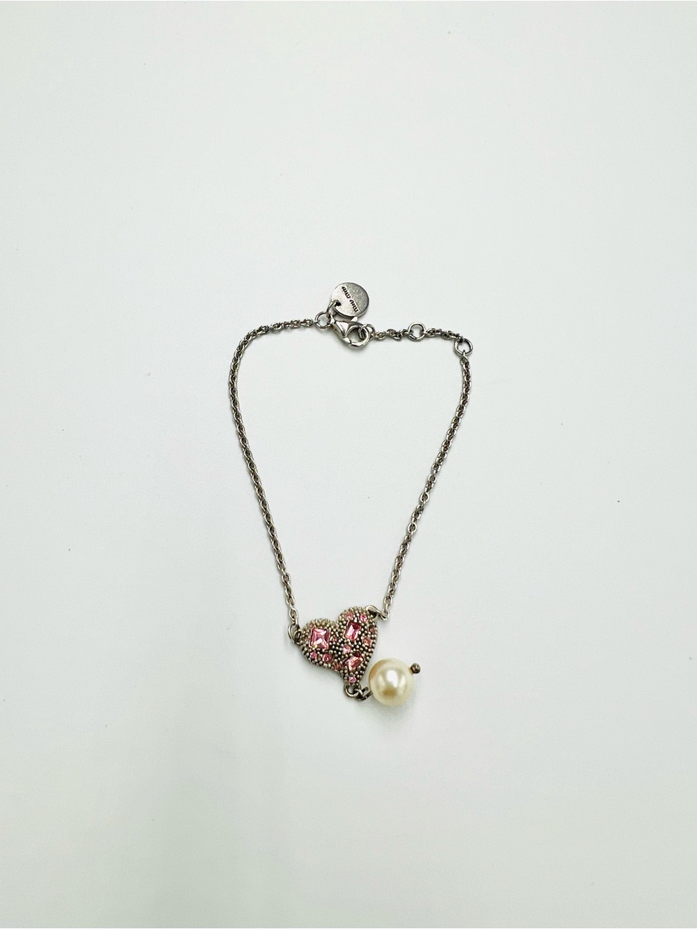 Miu Miu Crystal Faux Pearl Heart Silver Chain Bracelet - Picture 3 of 6